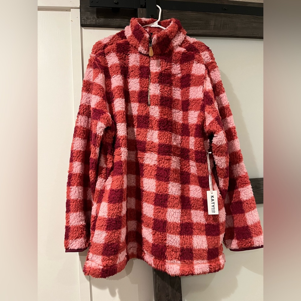Katydid Pink and Wine Plaid Sherpa Pullover
